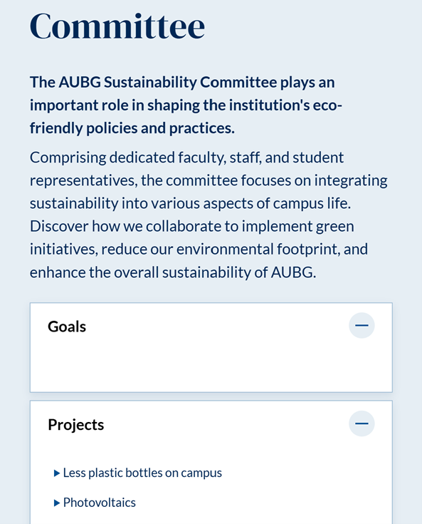 On AUBG’s website, you can access the current information about the Sustainability Committee’s goals and projects