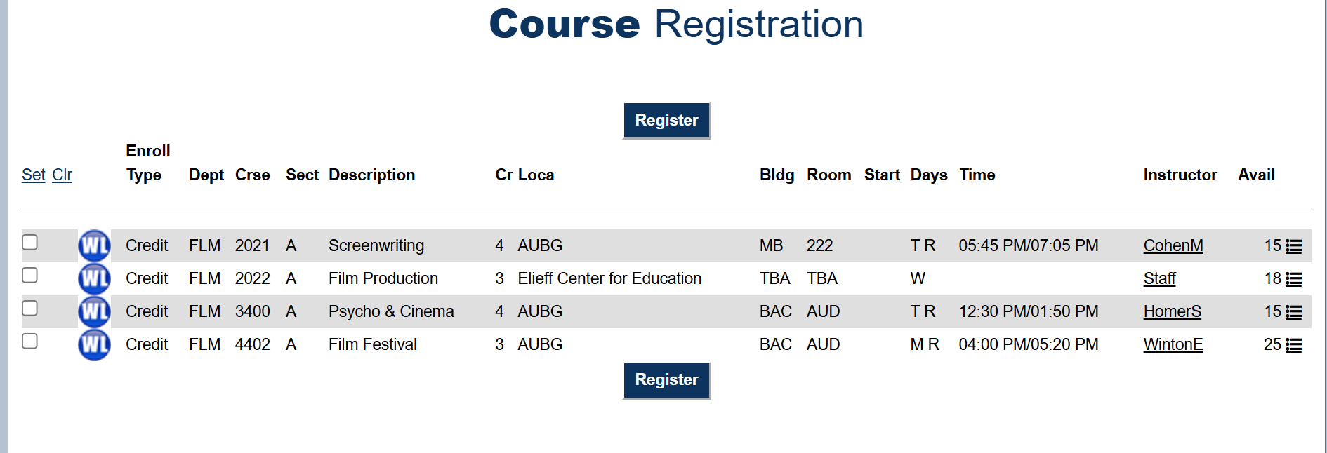 Courses listed in Empower for the film major in Fall'25