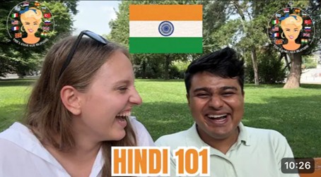 Teona on the set of Hindi 101 with her Indian friend. YouTube channel of The Language Blondie.