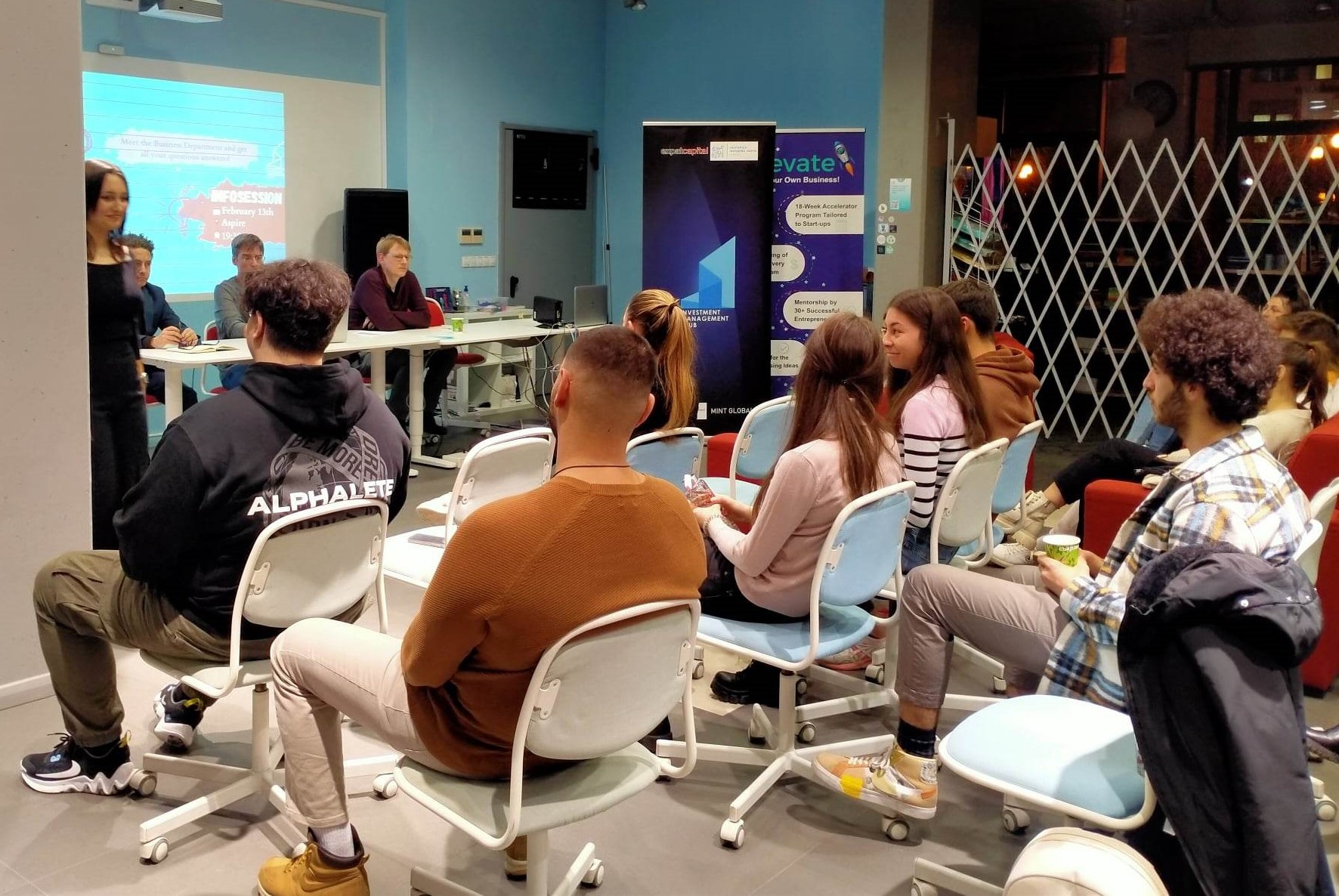 Students listening to the panel of professors at the info session. Photo by Kaiden Myers